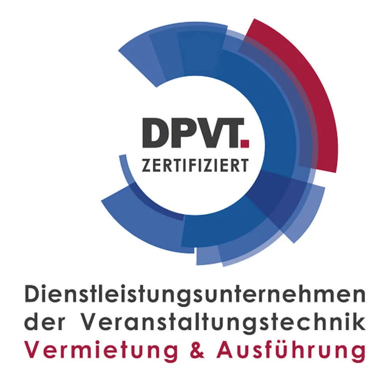 Das Logo des DPVT, "Dienstleistungsunternehmen der Veranstaltungstechnik". Es ist ein blauer Dreiviertelkreis, bestehend aus blauen Fragmenten, nach links geöffnet. Rechts aussen ist noch ein rotes Fragment.