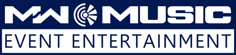 Das Logo von der Firma "MW-Music Event Entertainment" besteht aus dem Schriftzug in blau-weiss in einem rechteckigen Kasten. Der obere Bereich hat einen blauen Hintergrund und trägt in fetten Buchstaben den weissen Schriftzug "MW" und "Music", wobei sich dazwischen ein rundes Symbolbild für "Schall" (nach links gewendet) und "Licht" (nach rechts gewendet) befindet. Darunter in der zweiten Zeile ist der Schriftzug "Event Entertainment" mit mit dünner blauer Schrift auf weissem Hintergrund.